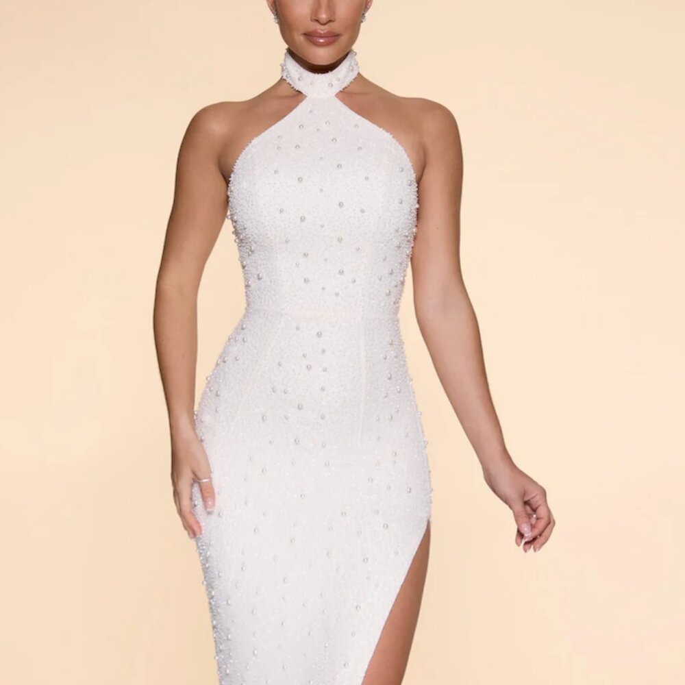 Positano Embellished High Neck Split Maxi Dress in Ivory